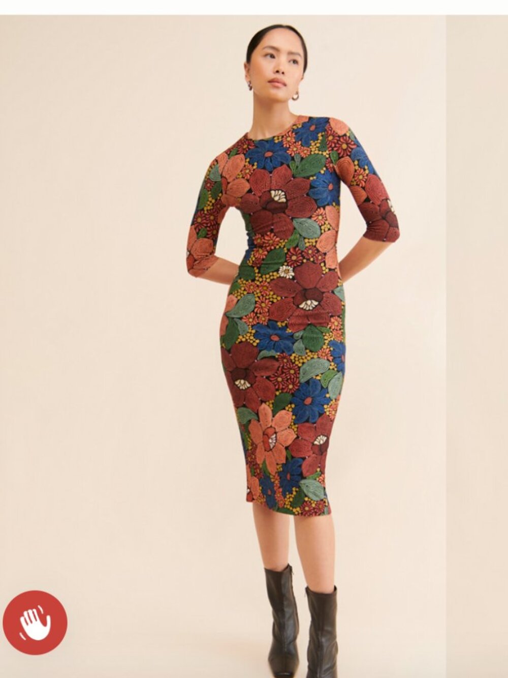 FARM RIO Multicolor Stitched Flowers, Retro 3/4 Sleeve, Midi Dress, Size S